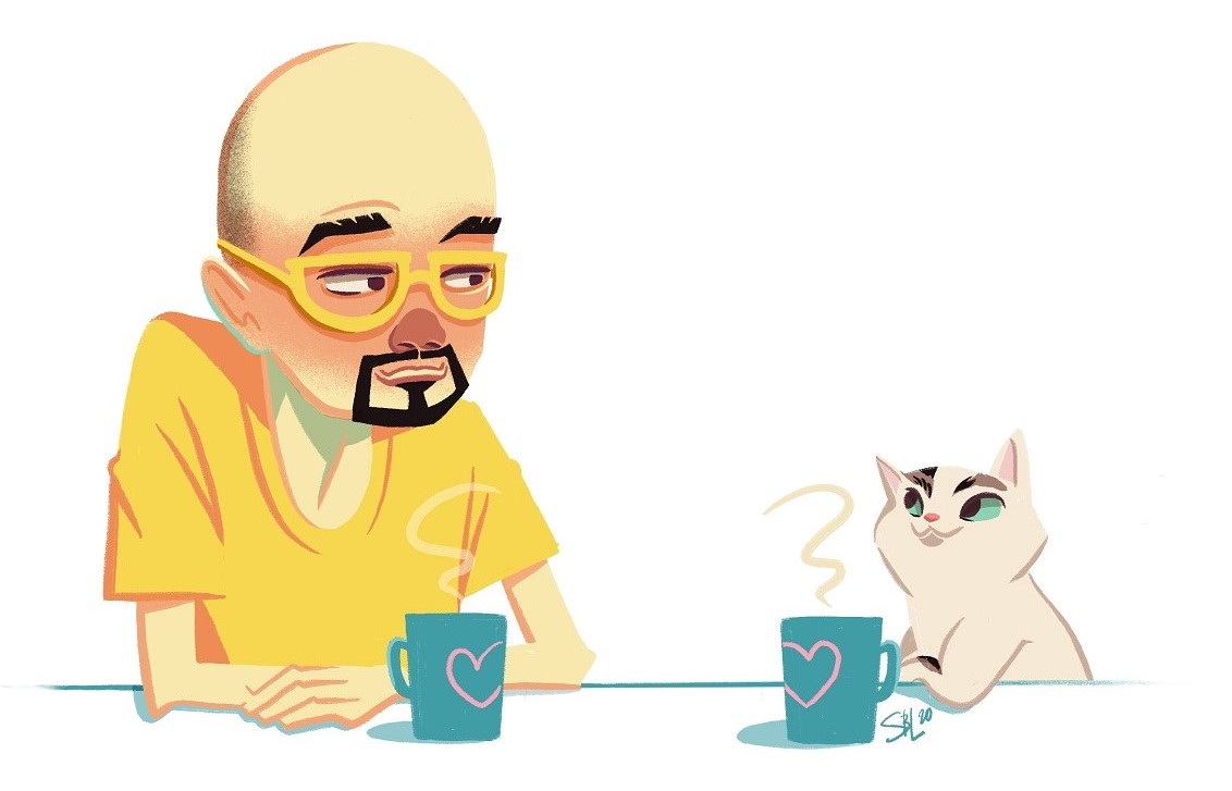 Illustration of Dave and Tofu the cat, from @sblarts